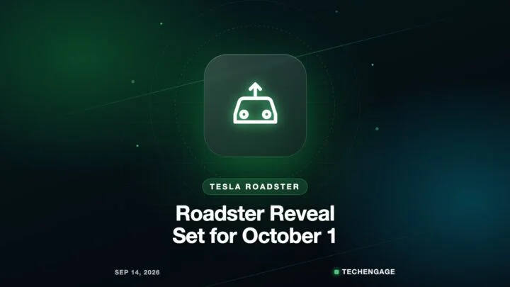 Illustration with a car icon and the title Roadster Reveal Set for October 1, for a TechEngage story on Tesla
