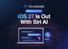 TechEngage news graphic: iOS 27 Is Out With Siri AI, with an illustrated laptop and phone showing an AI assistant