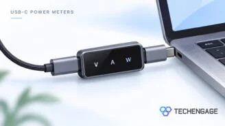 Illustration of a USB-C power meter between a charging cable and a laptop.